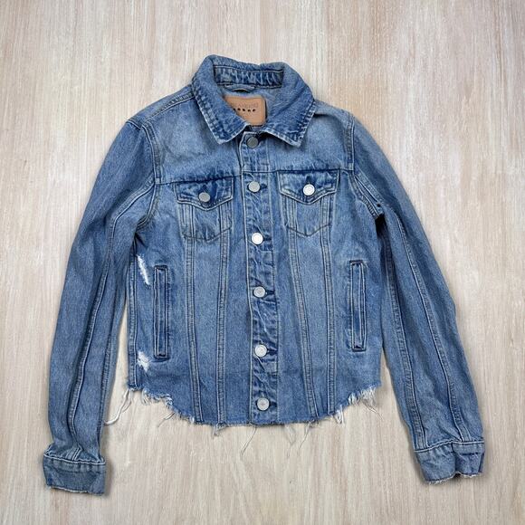 BLANK NYC Blue Raw Hem Distressed Denim Casual Button Front Trucker Jacket XS - Picture 1 of 13